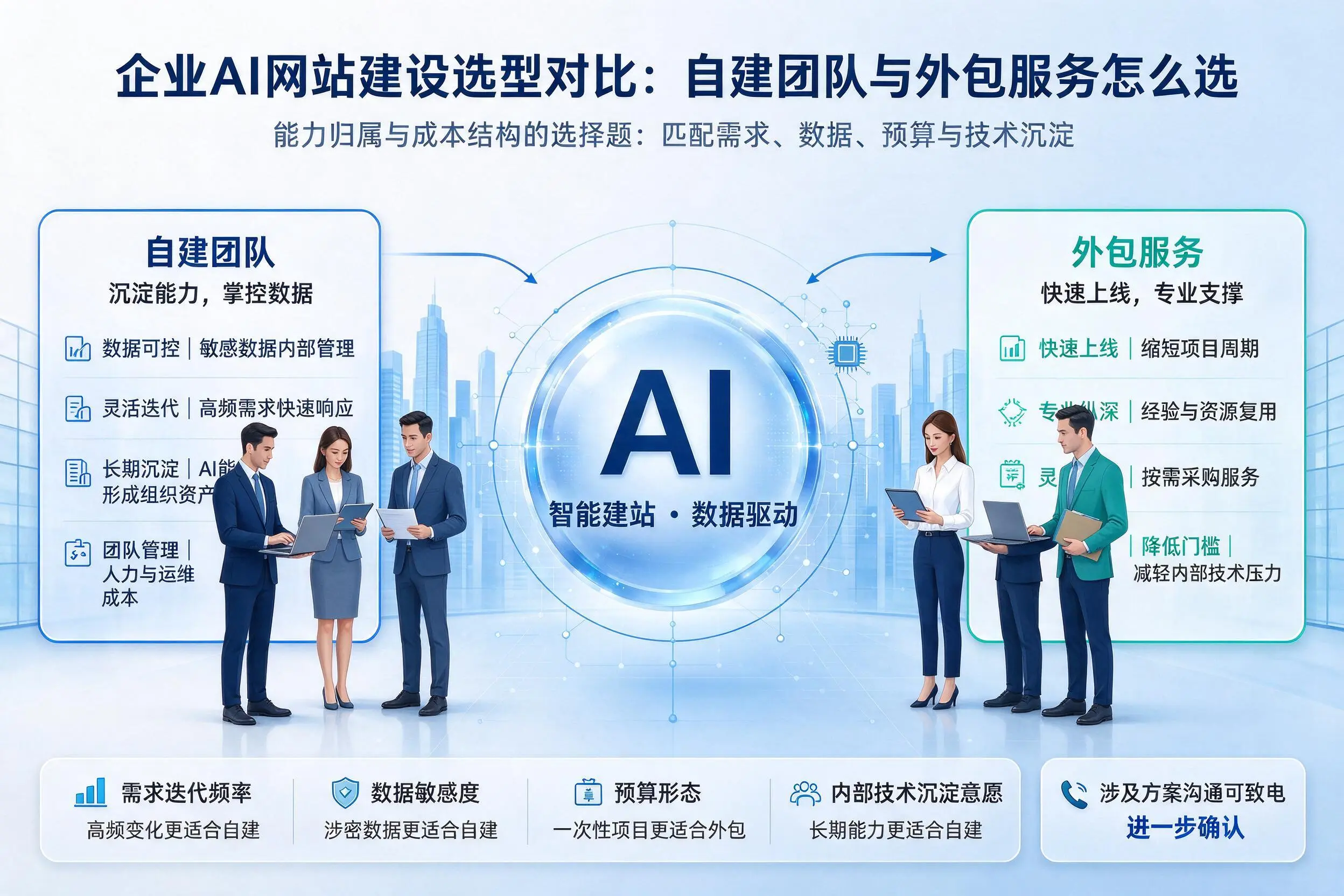 来宾企业AI网站建设选型对比:自建团队与外包服务怎么选